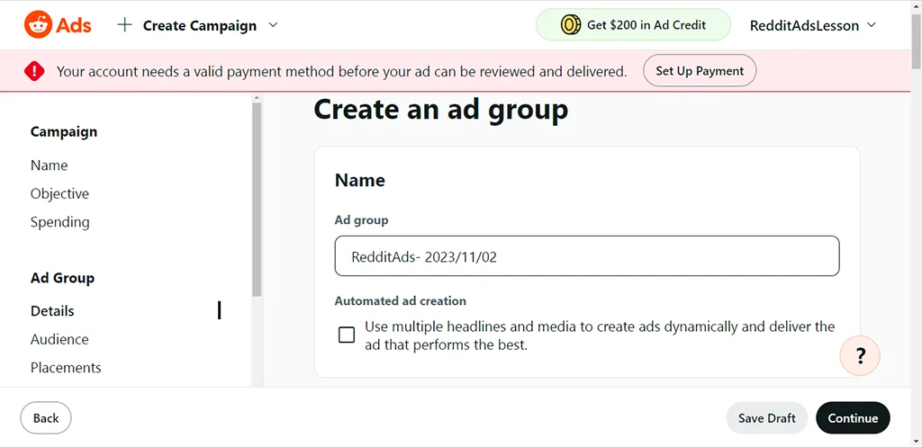Setting up your ad group